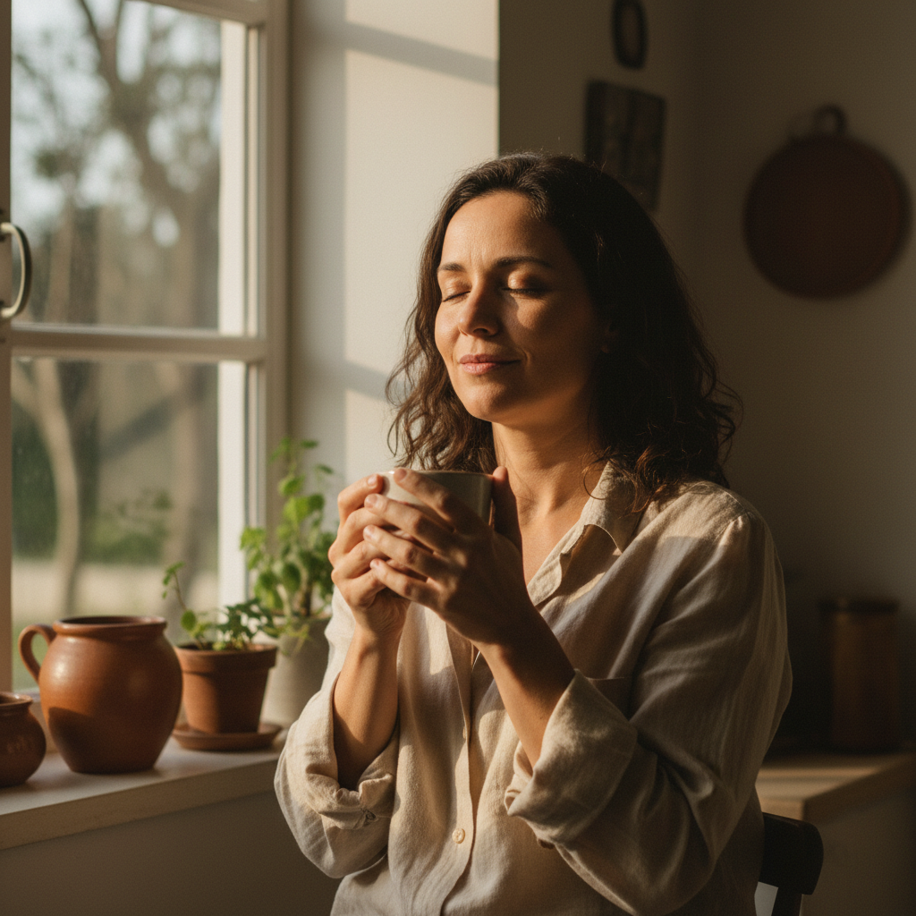 Mulher em um momento calmo pela manhã, luz natural